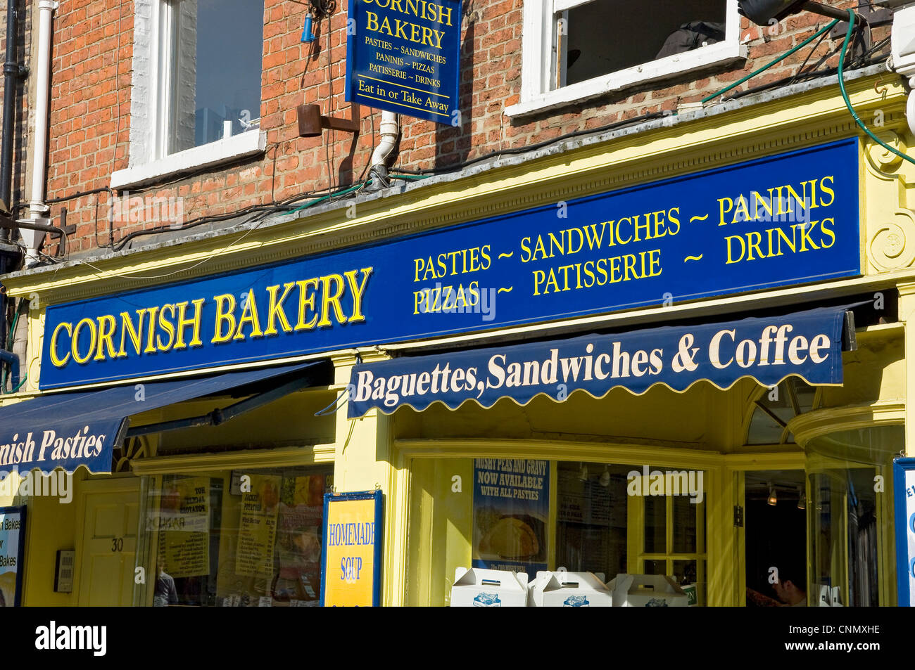 Cornish Bakery pasty shop store sign signage York North Yorkshire England UK United Kingdom GB Great Britain Stock Photo