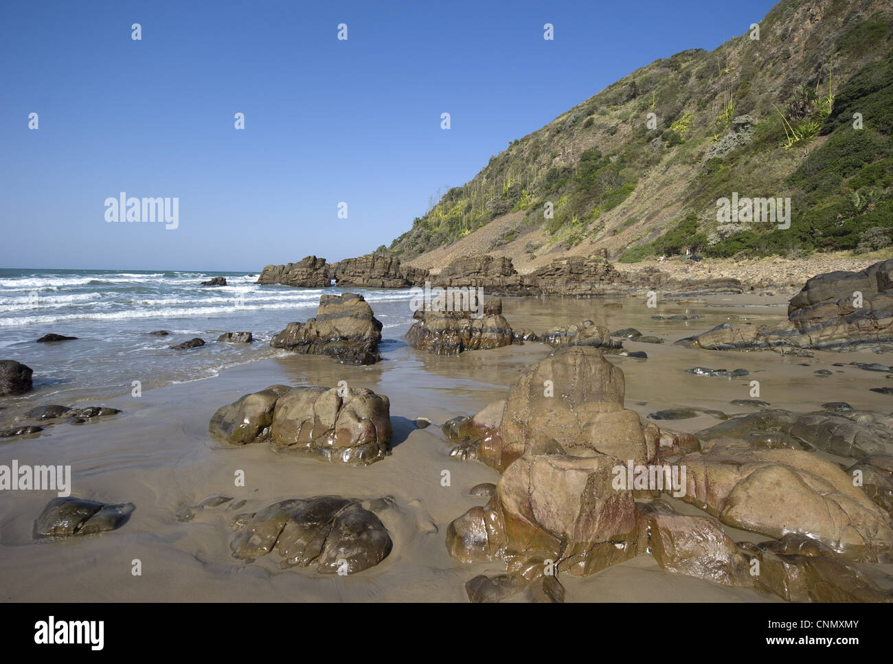 Rocky beach below cliffs, Port St. Johns, 'Wild Coast', Eastern Cape (Transkei), South Africa