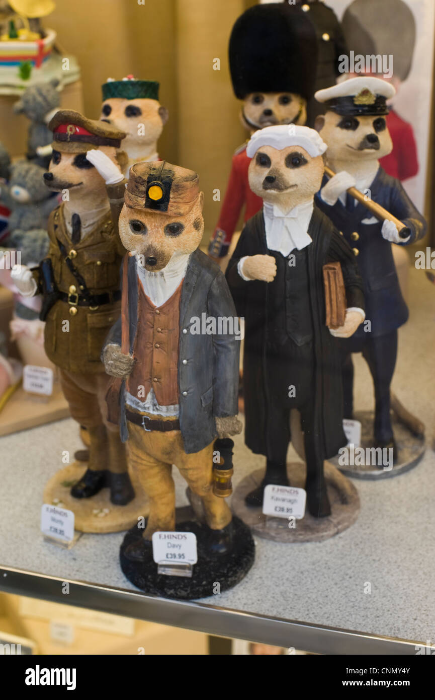 Novelty MEERKATS for sale in window of shop in city centre of Hereford Herefordshire England UK Stock Photo