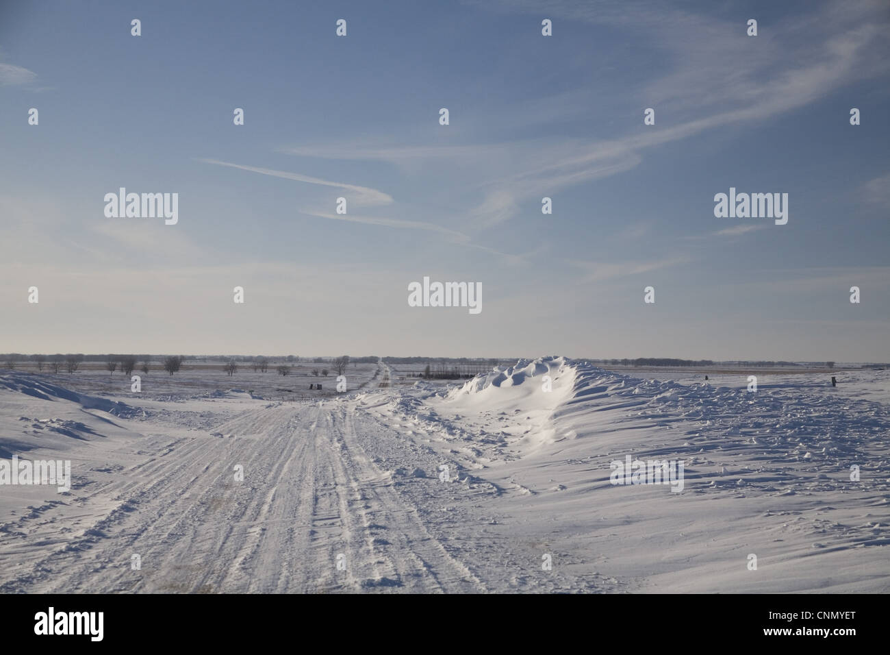 View of snow covered rural road, Dickey County, North Dakota, U.S.A., january Stock Photo