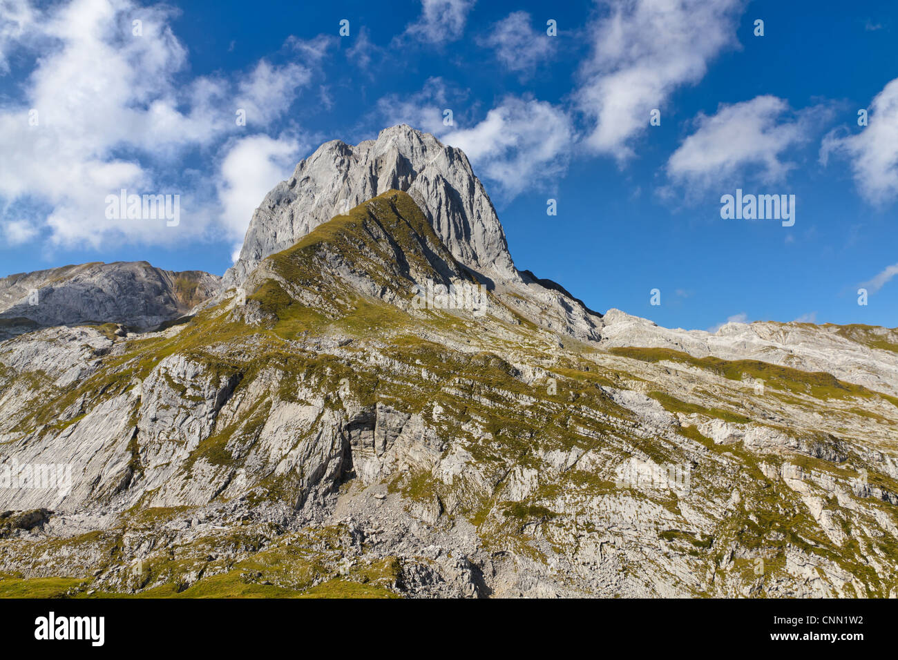 rocky alpine landscape with mountain top in summer, Switzerland Stock Photo