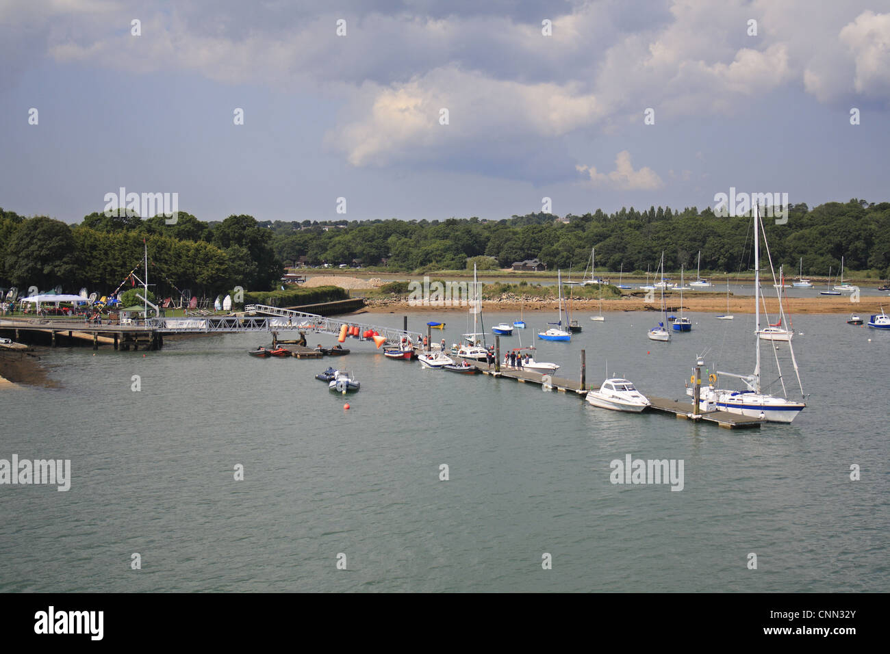 Boats at mooring in harbour, Wootton Creek, Fishbourne, Isle of Wight, England, july Stock Photo