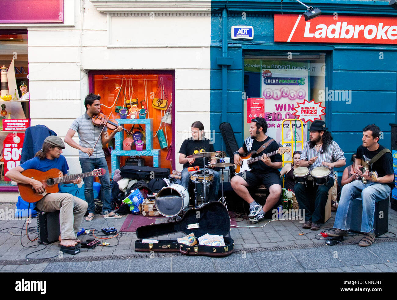A band busking on the streets of Galway, Ireland Stock Photo