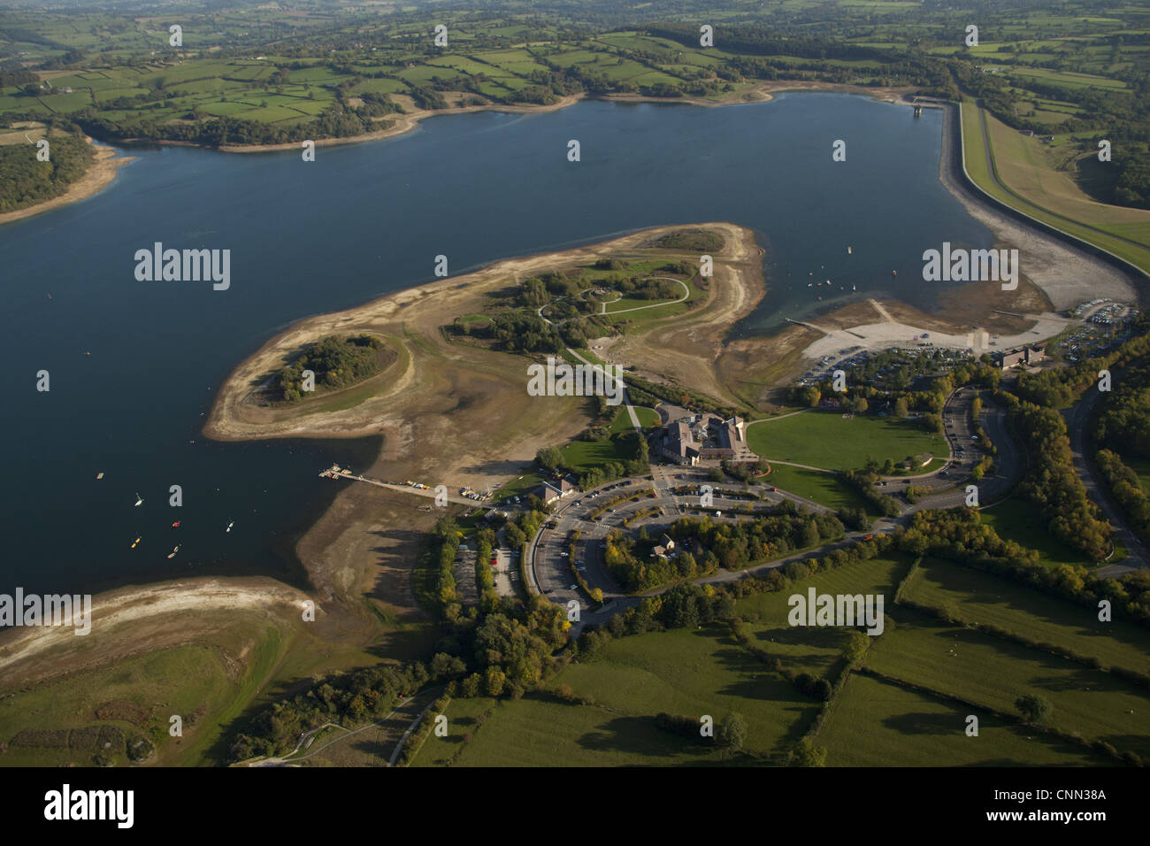 Aerial view of reservoir and visitor centre, Carsington Water, White ...