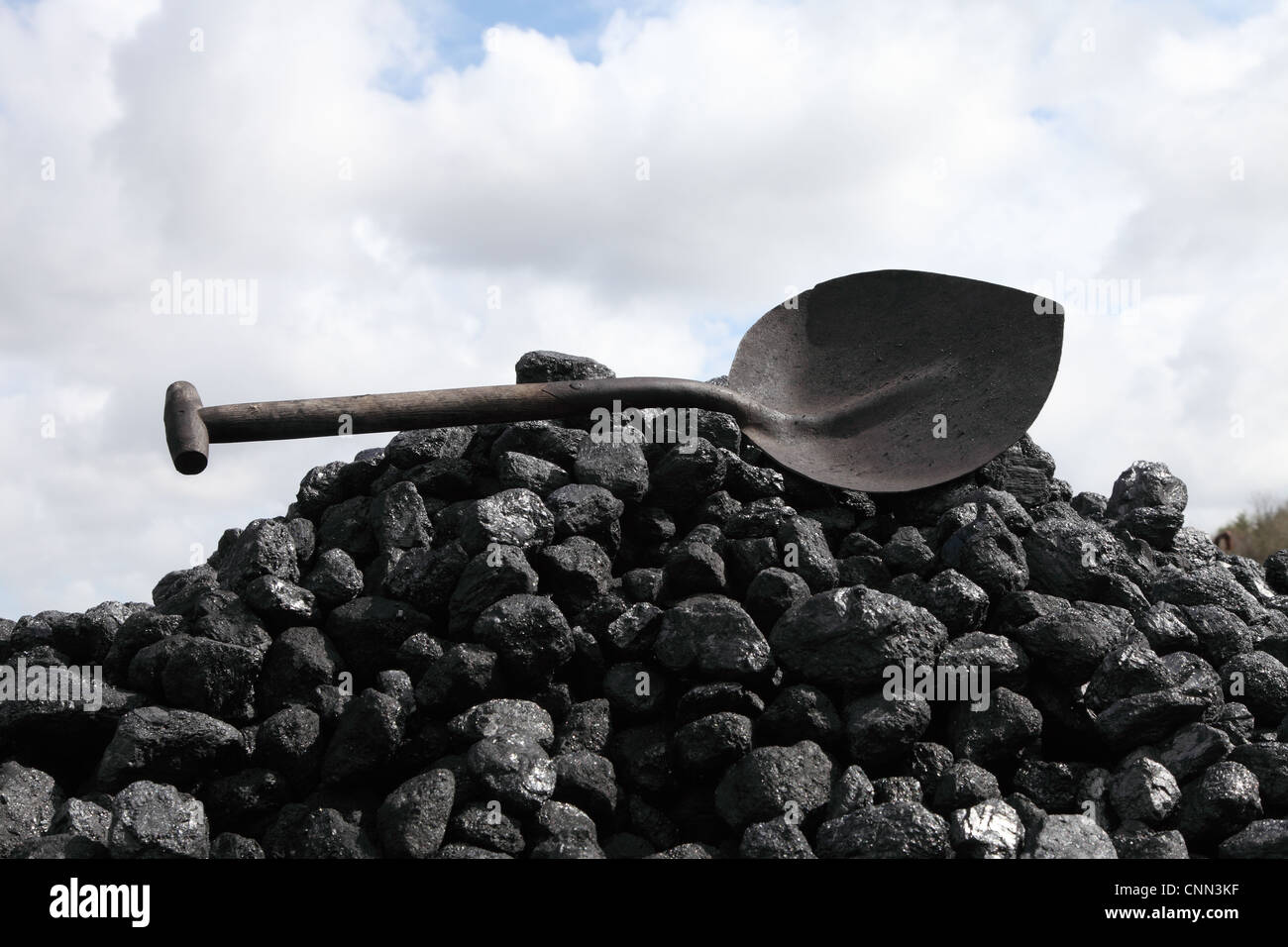 A shovel lying on top of a pile of coal at the North of England Open Air Museum Beamish NE England UK Stock Photo