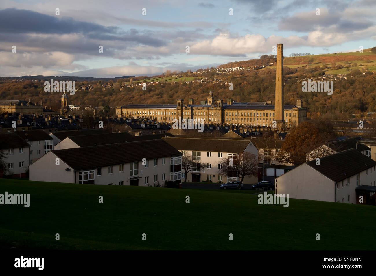 Salts Mill in Saltaire, looking down from Shipley, showing rows of