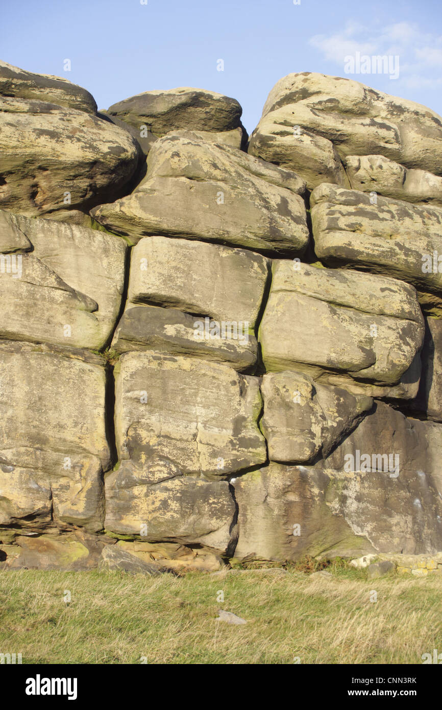 Rock strata of millstone grit, Almscliff Crag rock formation, North Rigton, North Yorkshire, England, october Stock Photo