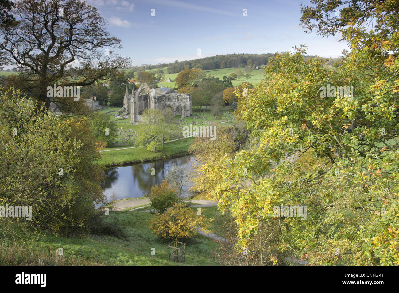 View ruined 12th century Augustinian priory river Bolton Priory River Wharfe Bolton Abbey Estate Wharfedale Yorkshire Dales N.P Stock Photo
