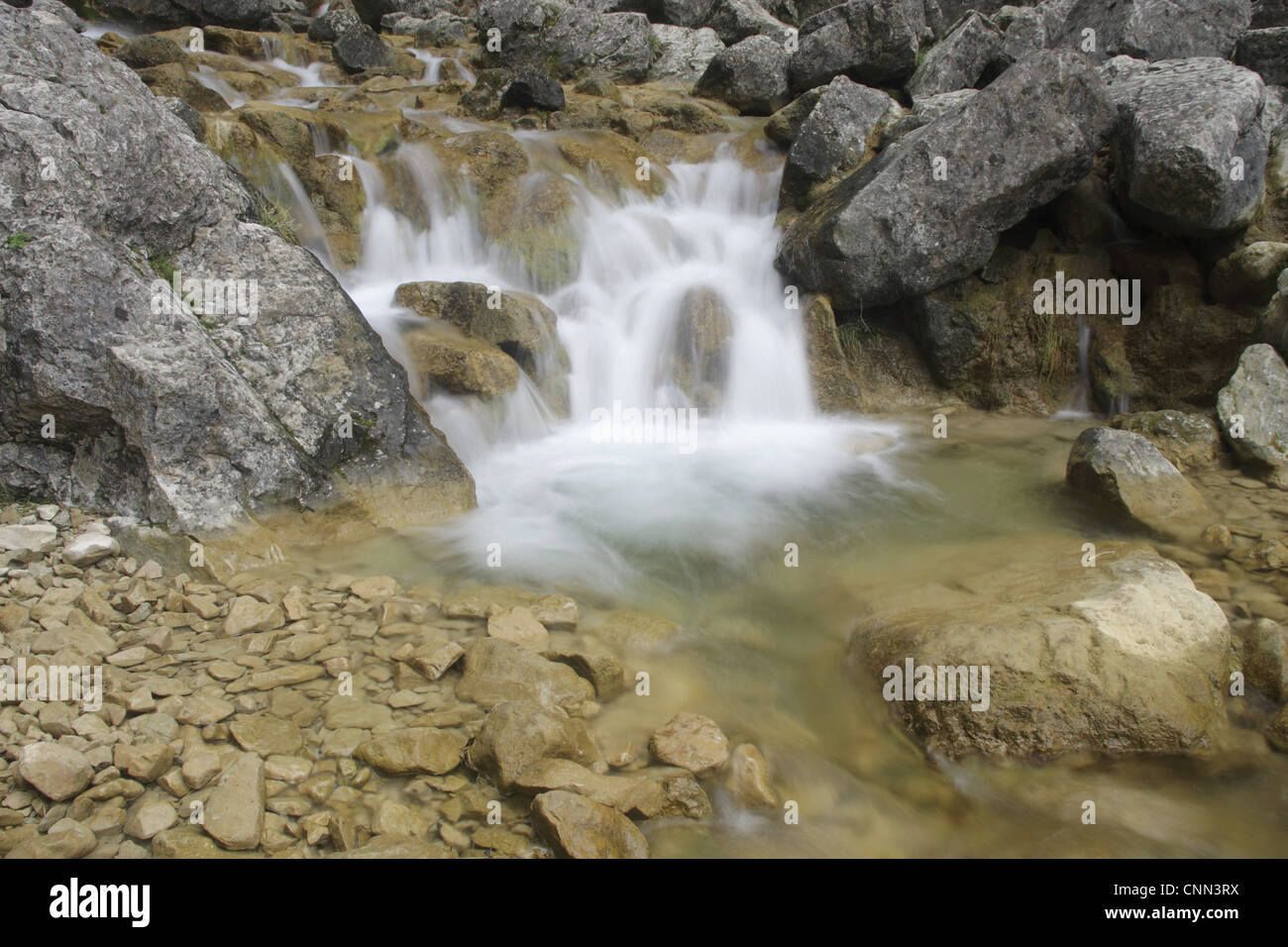 Limestone Ravines Water flowing through limestone ravine glacial channel Gordale Scar ...