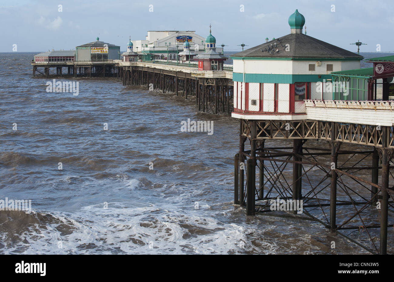 Victorian pier in seaside resort town, North Pier, Blackpool, Lancashire, England, january Stock Photo