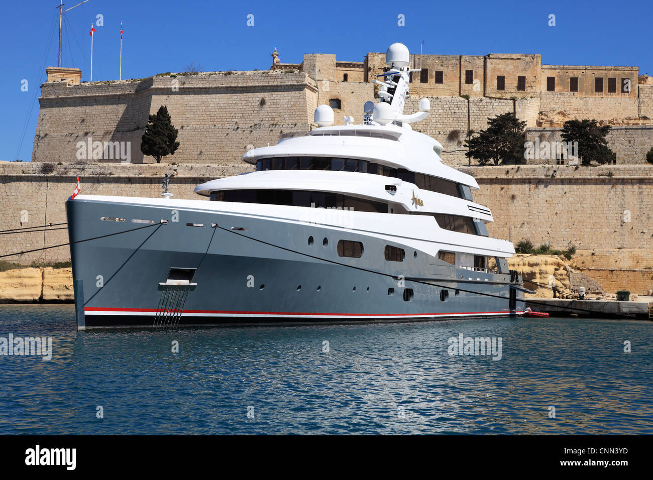 Super Motor yacht Aviva, owned by Joe Lewis, in Valletta harbour Malta, Europe Stock Photo