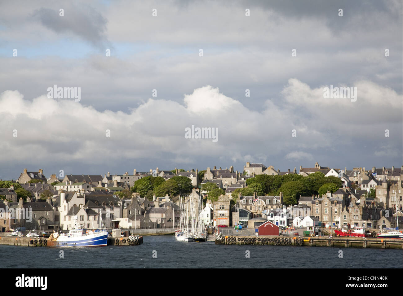 View of coastal harbour and town, Lerwick Harbour, from Bressay Sound, Mainland, Shetland Islands, Scotland, june Stock Photo