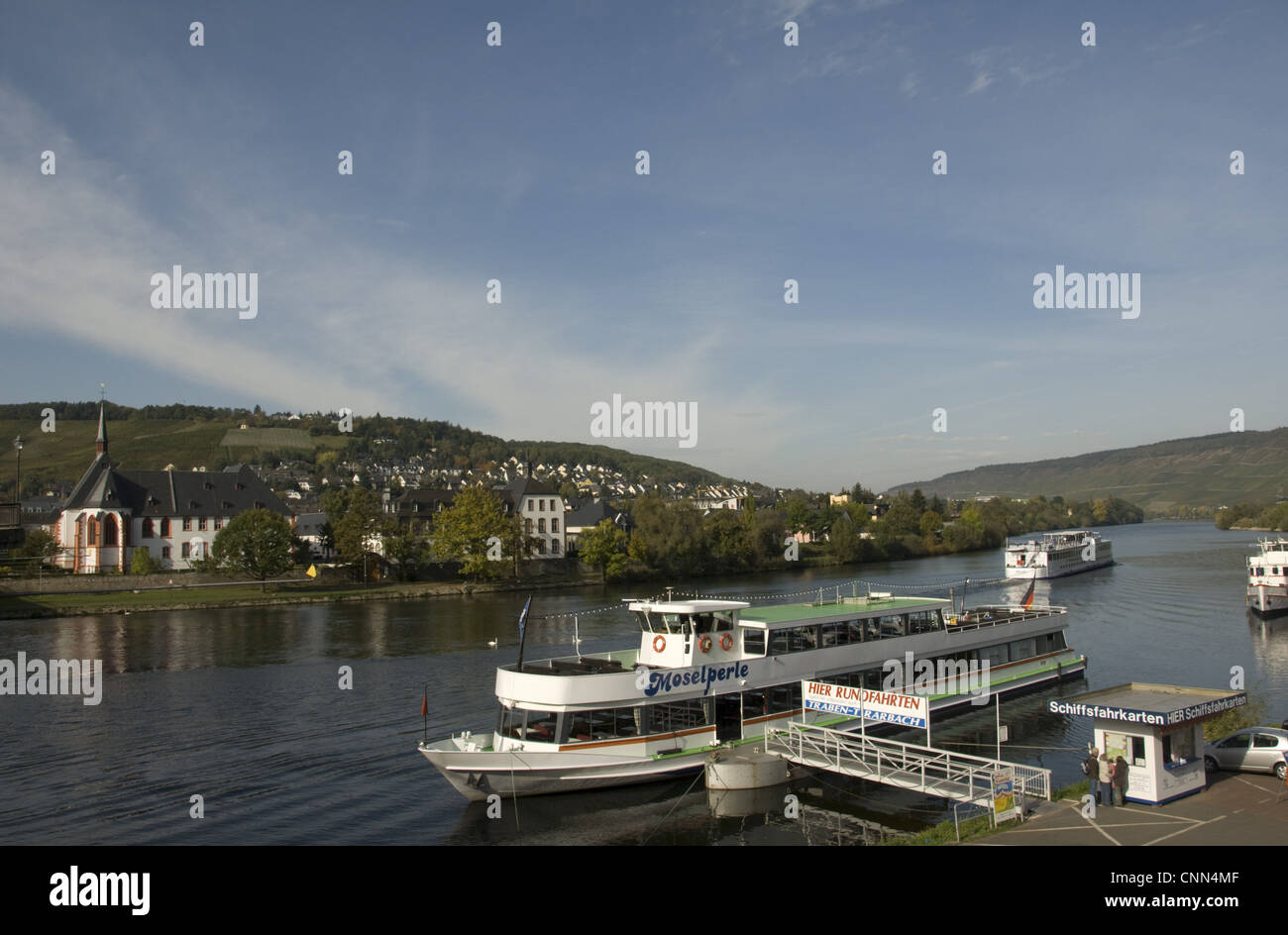 View of tourist boats on river, River Mosel, Bernkastel, Rhineland-Palatinate, Germany Stock Photo