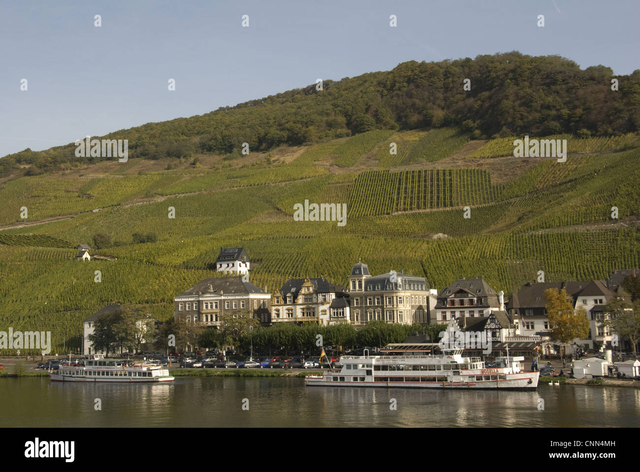 View of tourist boats on river, town and vineyard on hillside, River Mosel, Bernkastel, Rhineland-Palatinate, Germany Stock Photo