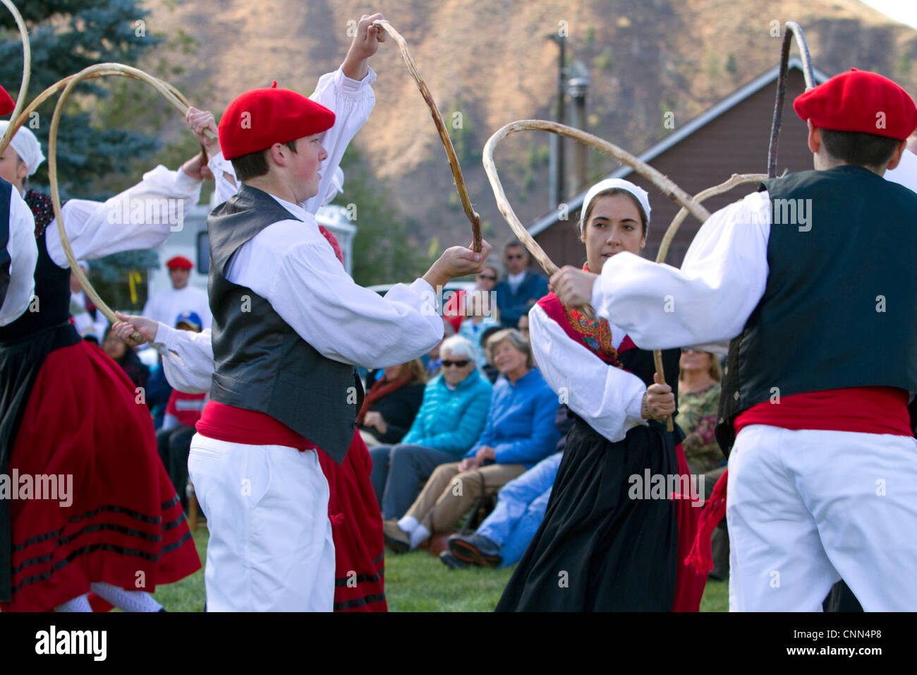 The Oinkari Basque Dancers perform at the Trailing of the Sheep Festival in Hailey, Idaho, USA