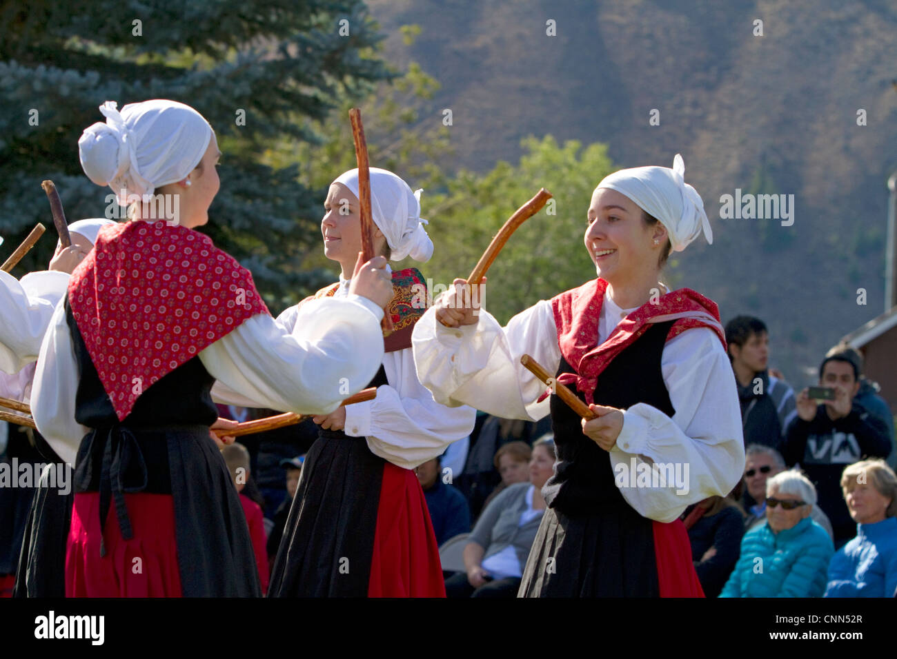 The Oinkari Basque Dancers perform at the Trailing of the Sheep Festival in Hailey, Idaho, USA. Stock Photo