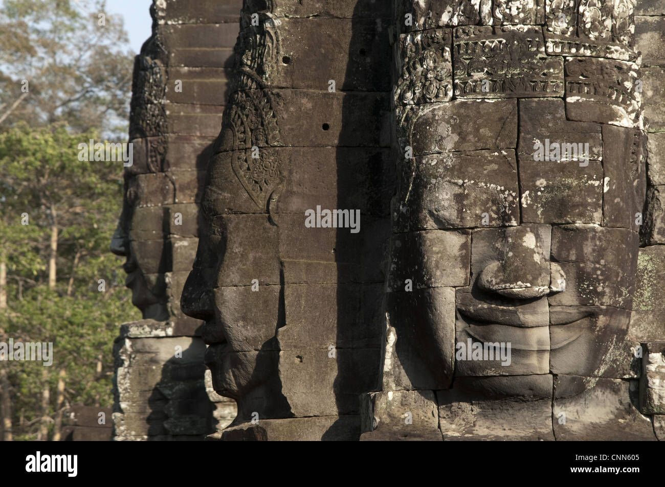 Large sculptures of heads on tower of Khmer temple, Bayon, Angkor Thom, Siem Riep, Cambodia Stock Photo