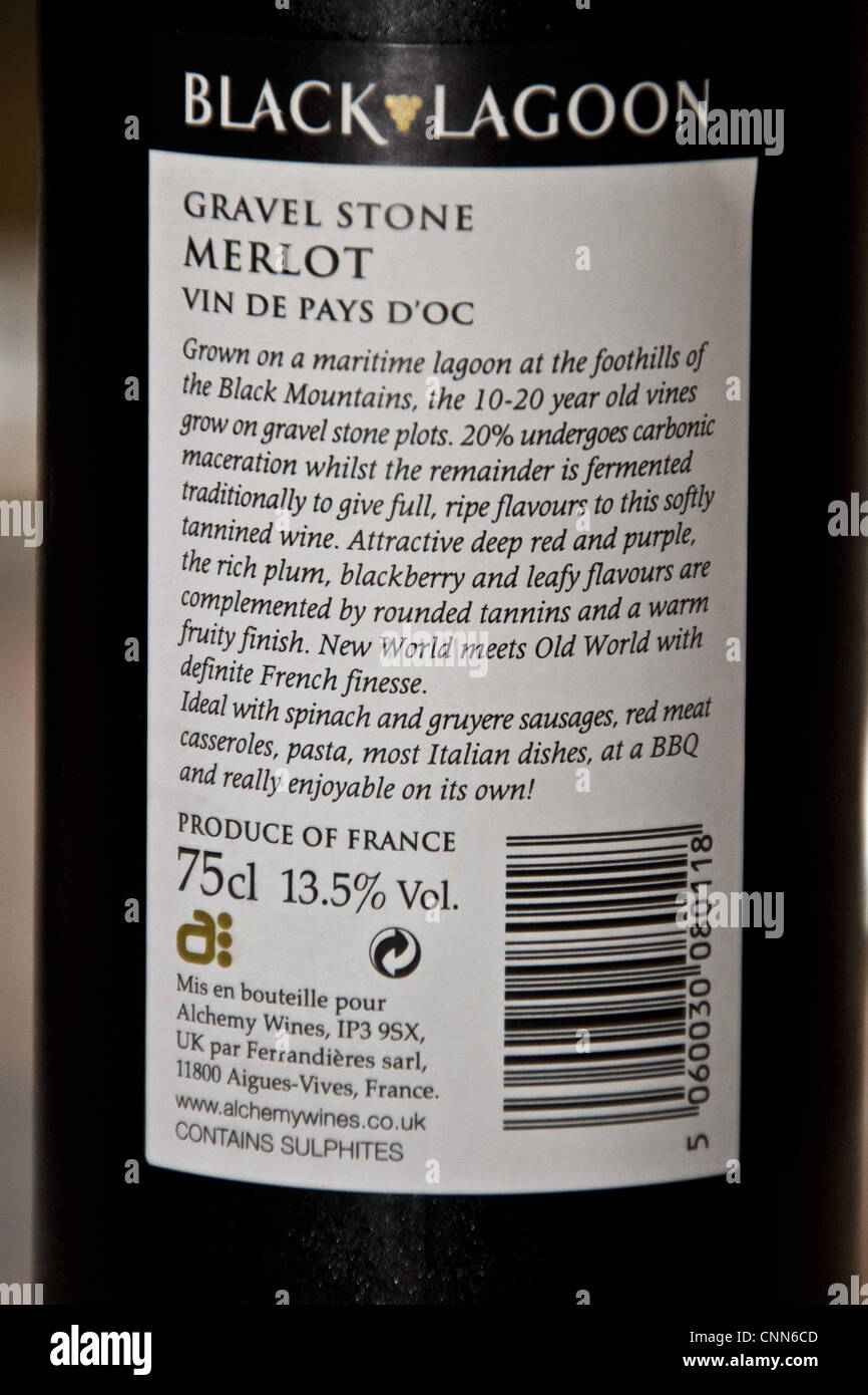 Closeup of Merlot wine bottle label, showing alcohol content and