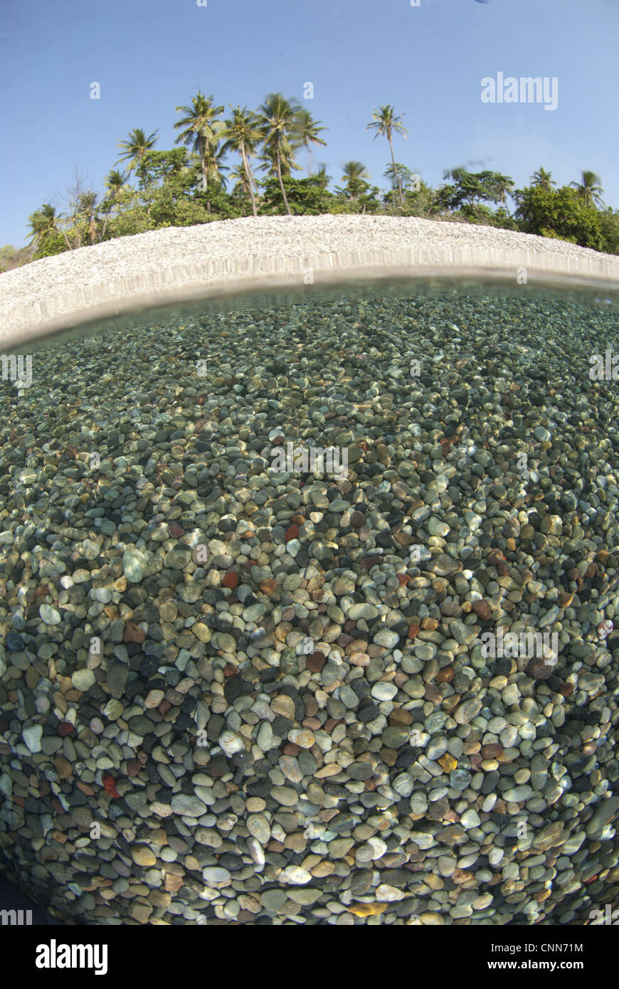 View multi-coloured pebbles shallows near shore above below water Tutuntute Wetar Island Barat Daya Islands Lesser Sunda Stock Photo