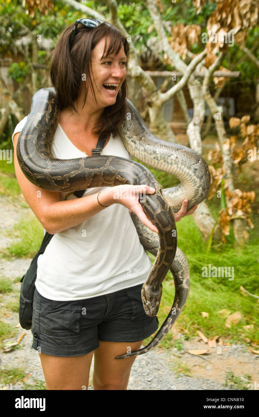 Vertical view of a tourist laughing whilst posing with a Boa constrictor snake. Stock Photo