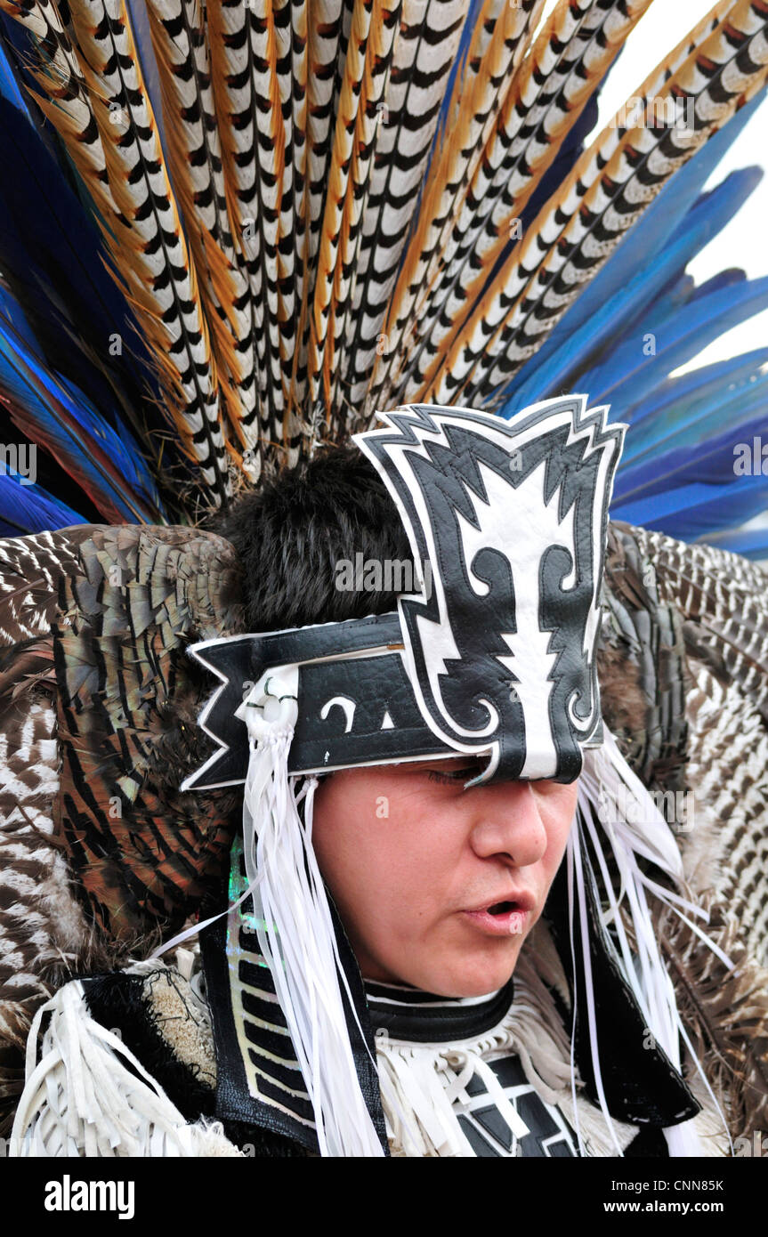 A traditional Aztec Fire Dancer from Mexico City (Tloke Nahuake) at the Ormond Beach Native American Festival, January 2012 Stock Photo