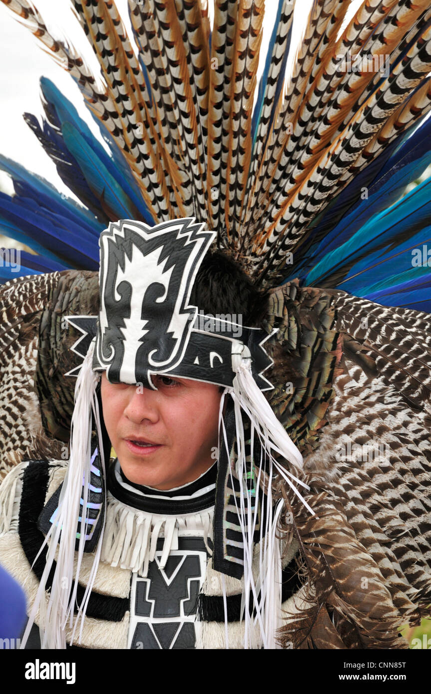 A traditional Aztec Fire Dancer from Mexico City (Tloke Nahuake) at the Ormond Beach Native American Festival, January 2012 Stock Photo