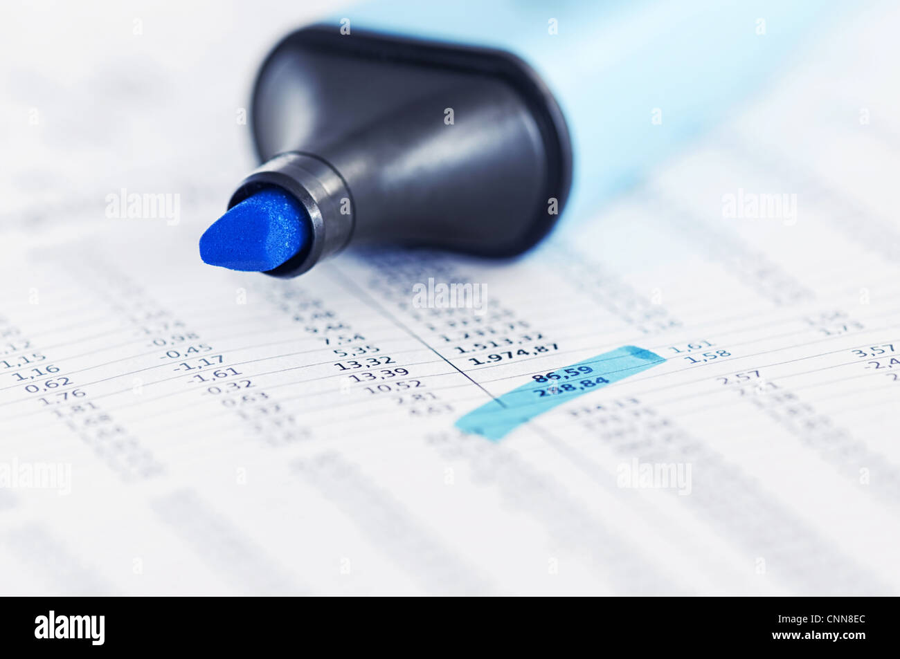Business concept - A page of stock market prices with highlighed text, toned image. Stock Photo