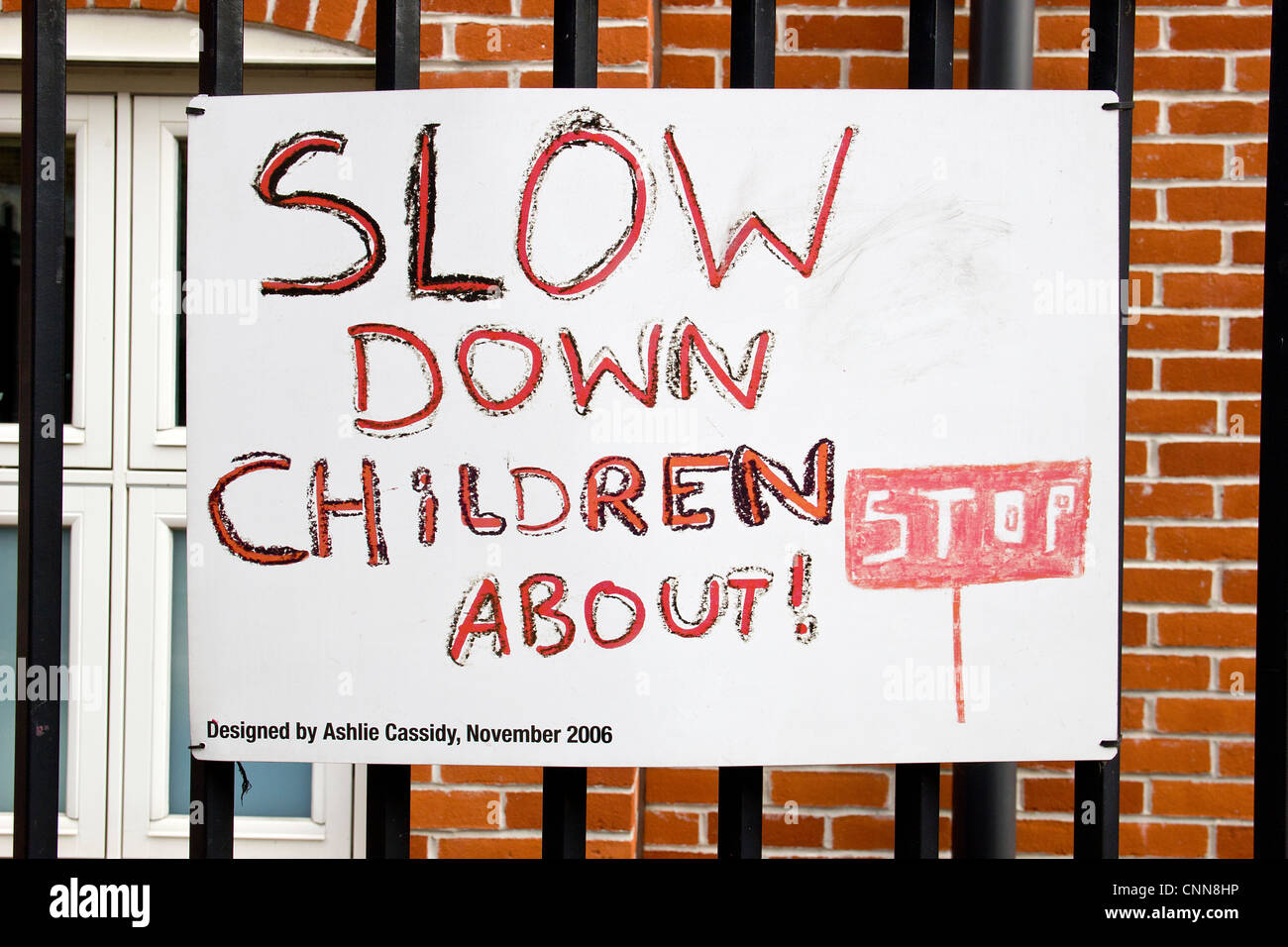Slow Down Children About Child School Safety Sign Road safety. Stock Photo