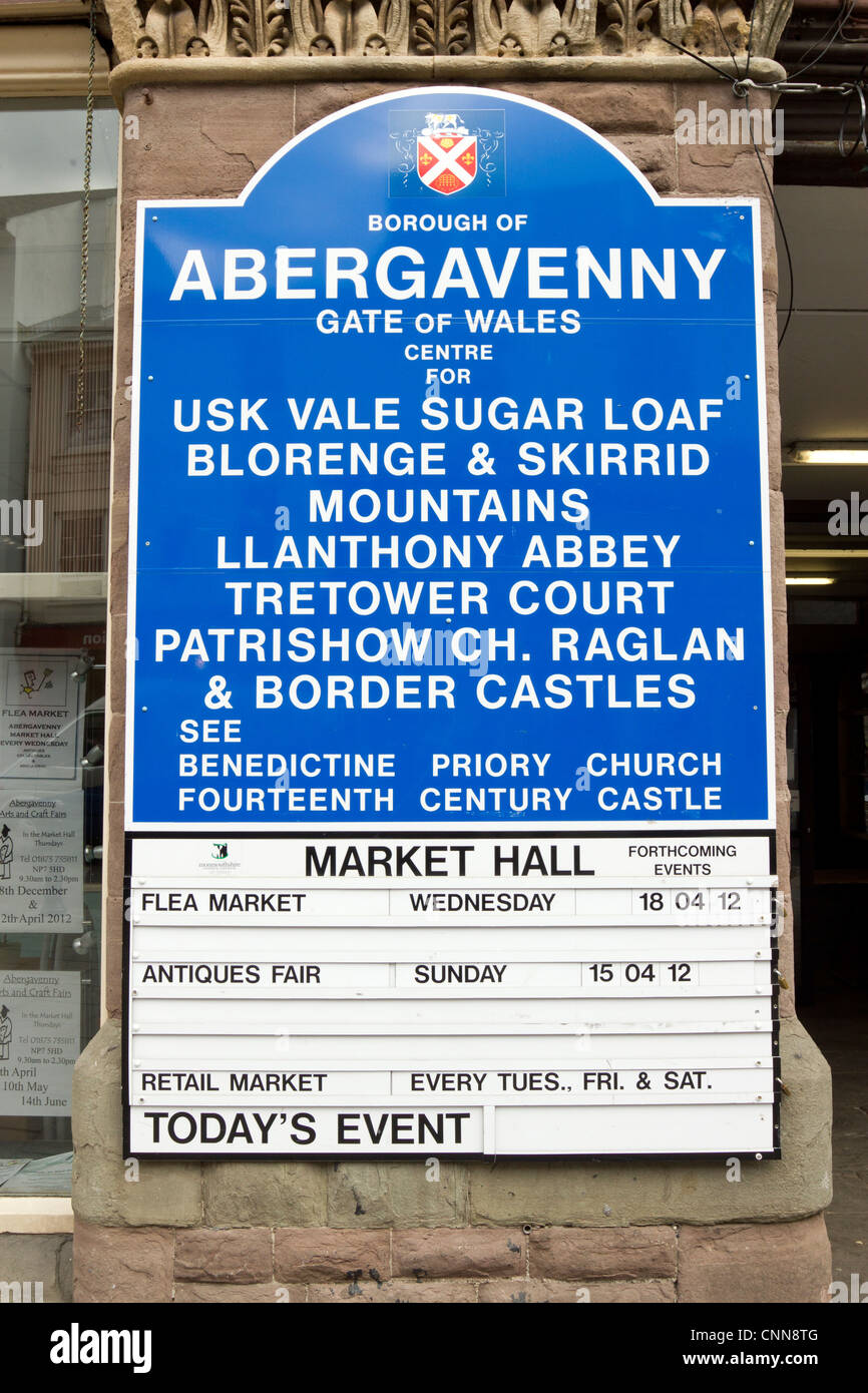 Abergavenny town and Market Hall information signs. Stock Photo
