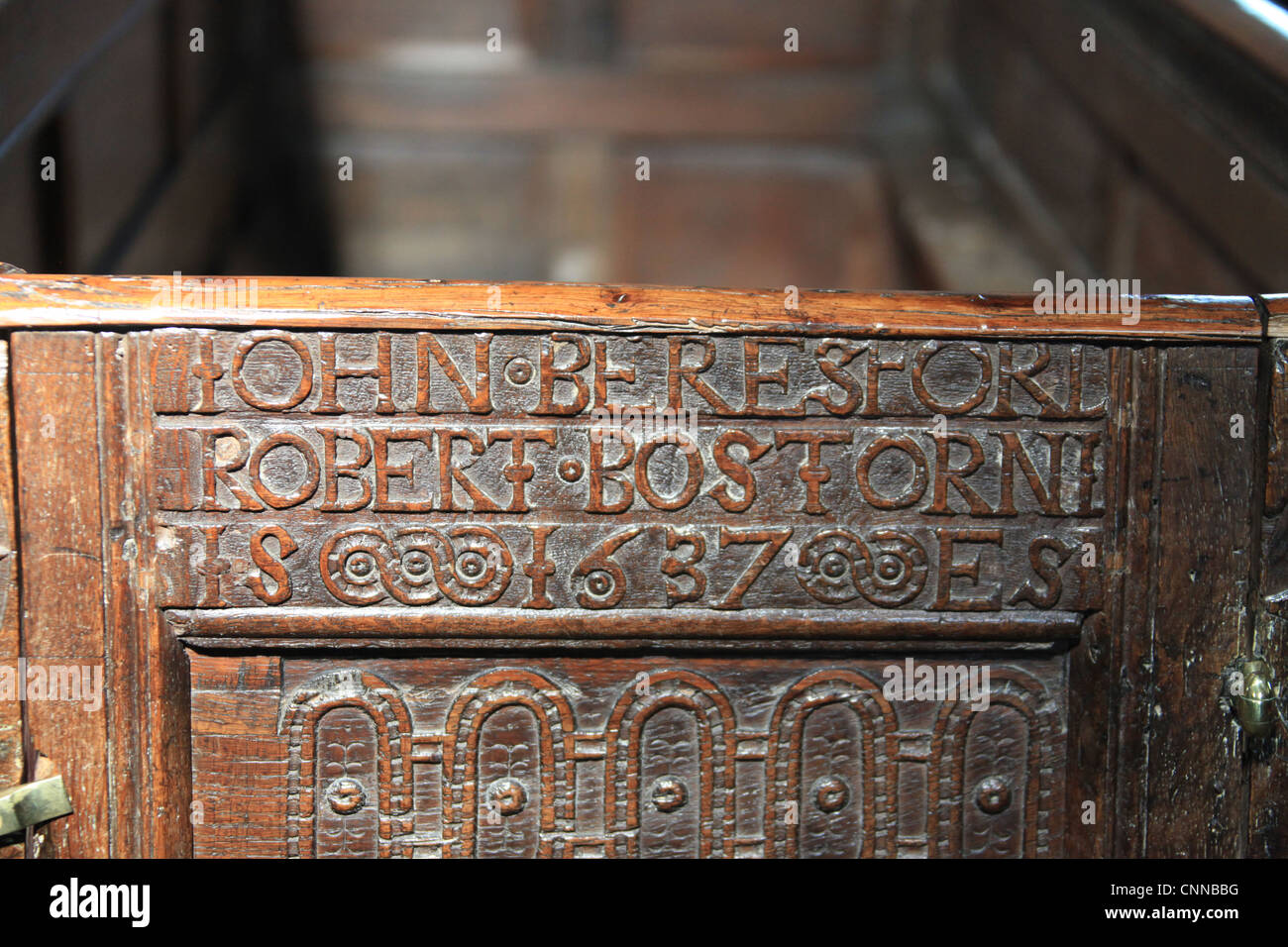 17th Century Church Pew in the Derbyshire Church of St. Peters in Alstonefield Stock Photo