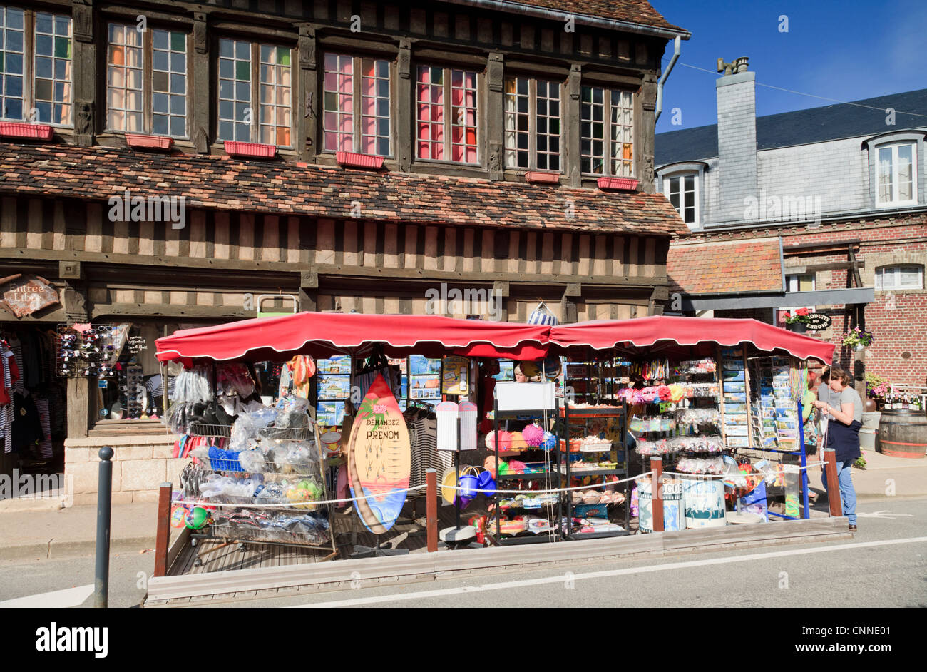 Souvenir Stall in front of a medieval building in Etretat, Normandy, France. Stock Photo