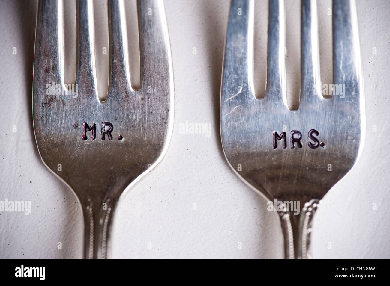 Close-up of Mr. and Mrs. Forks at Wedding, Muskoka, Ontario, Canada Stock Photo