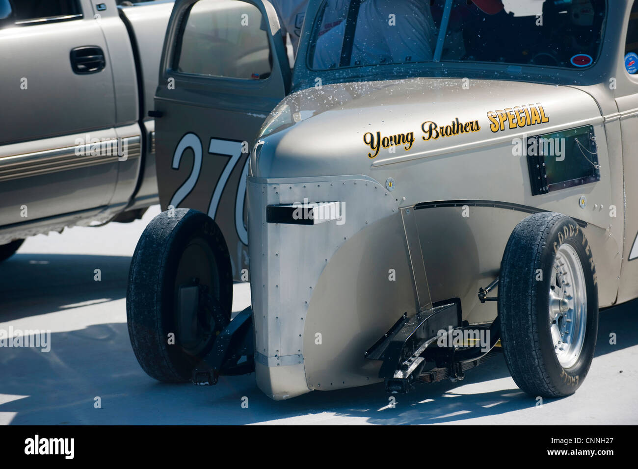 Bonneville Salt Flats speed week retro motor bike racing in USA, hot rod  on white salt flats Young Brothers Stock Photo