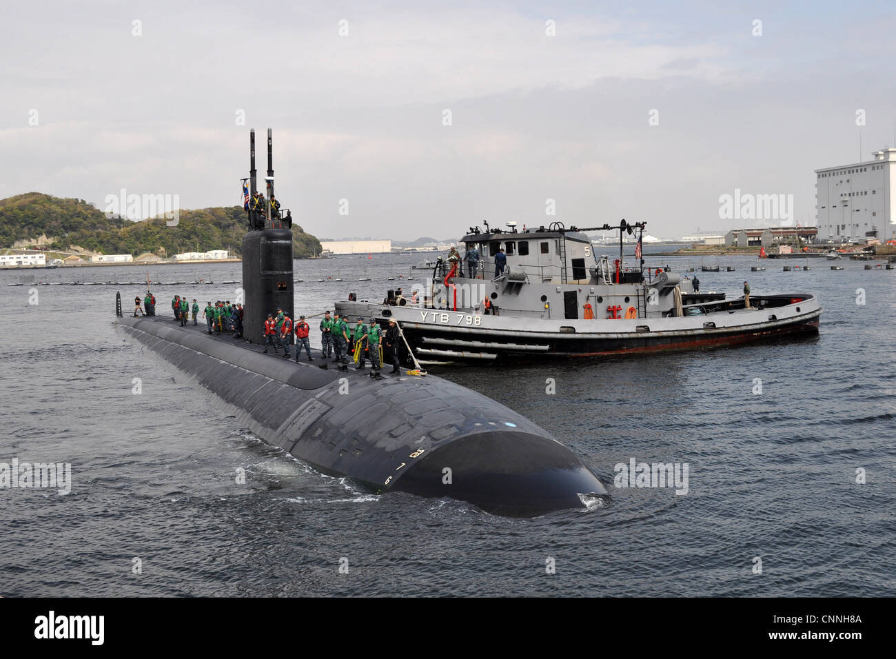 The Los Angeles-class fast attack submarine USS Columbus (SSN 762) arrives at Fleet Activities Yokosuka as part of its deployment to the western Pacific region. Stock Photo