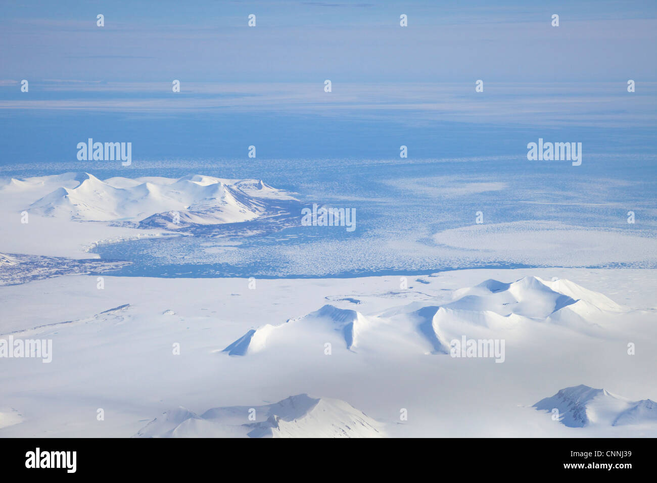 Aerial view of sea ice in summer off the coast of Spitzbergen, Svalbard, Arctic Norway, Europe Stock Photo
