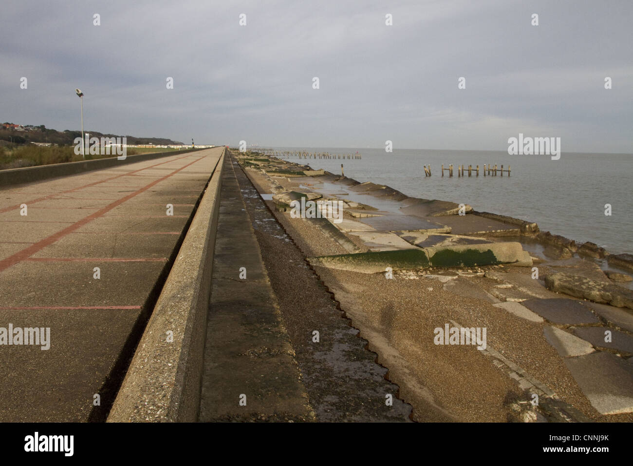 Looking north from Lowestoft Ness over the old sea defence. Stock Photo
