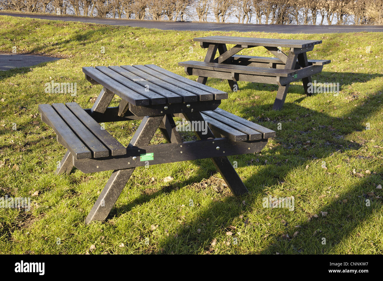 Outdoor plastic furniture, made from recycled plastic bottles, Bubwith, Selby, East Riding of Yorkshire, England, january Stock Photo