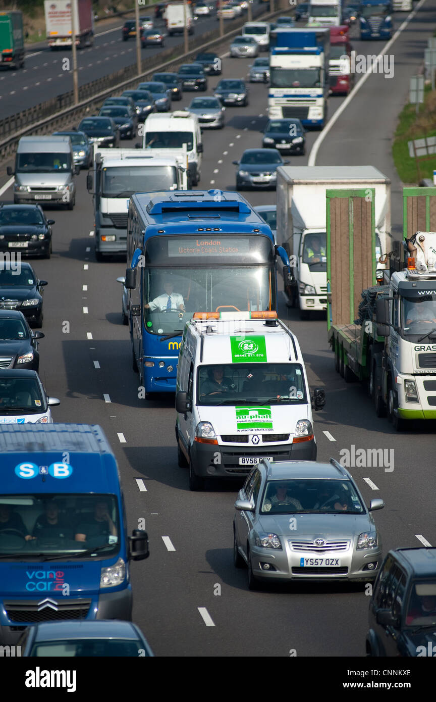 Heavy traffic on a motorway during rush hour in England. Stock Photo