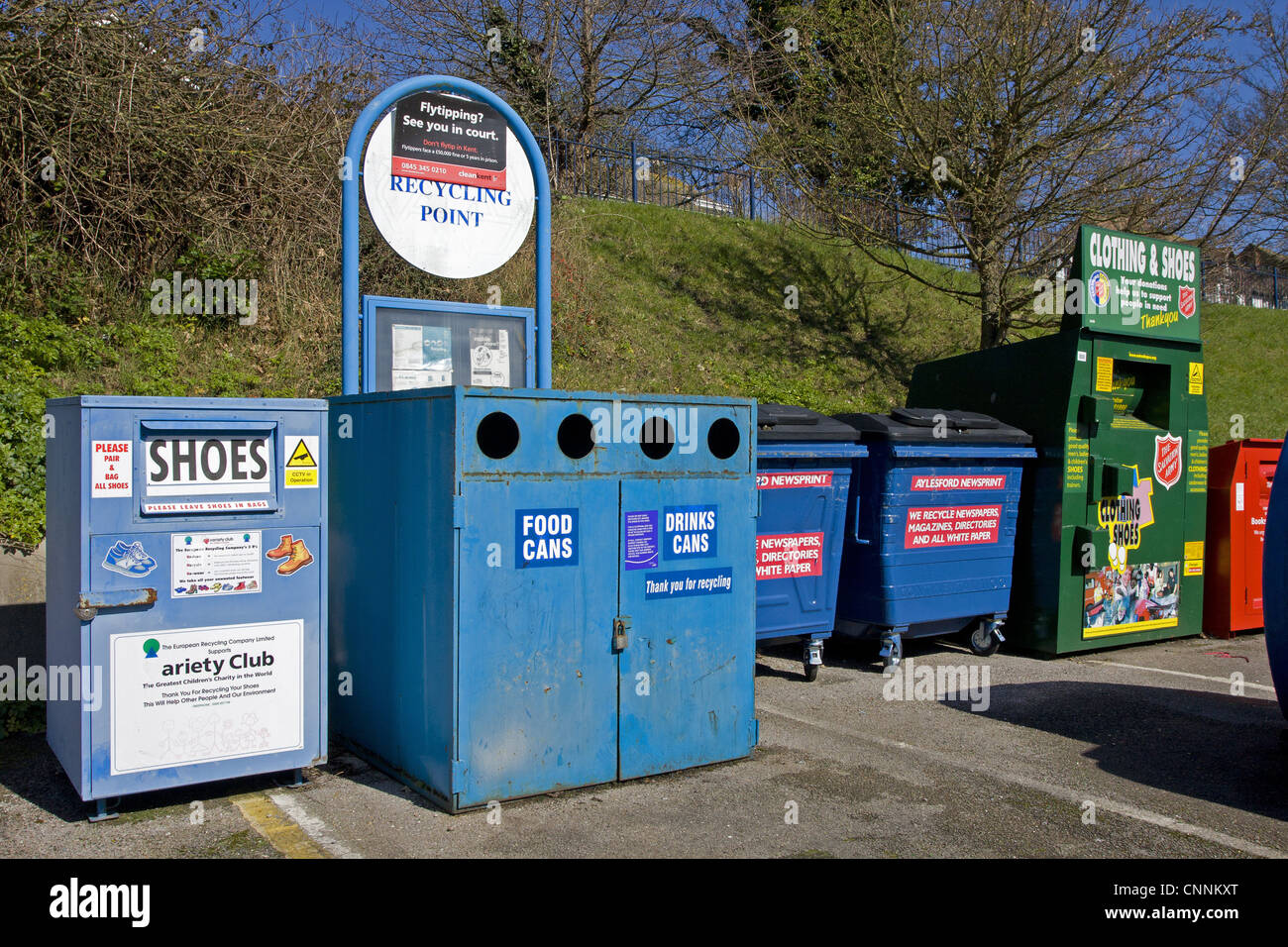 Recycling banks for shoes, cans, paper and clothing, Kent, England Stock Photo