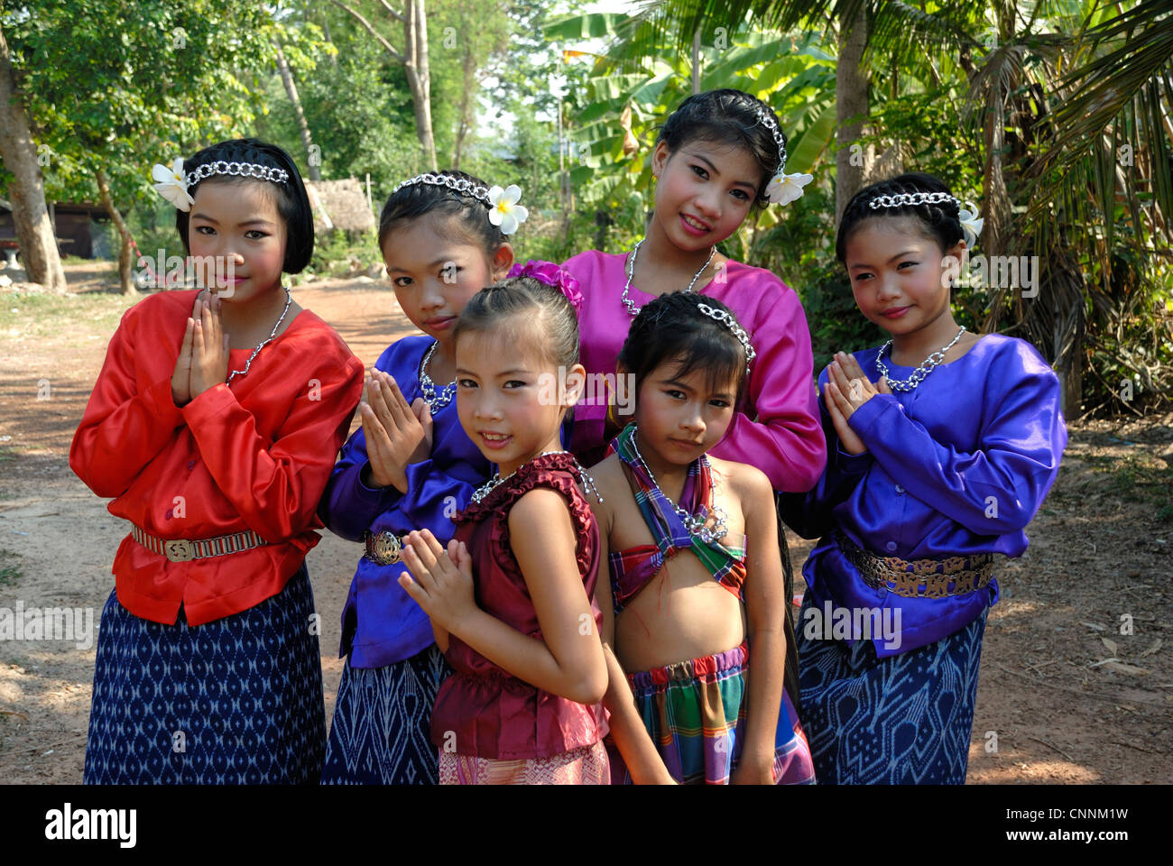 Children in tradional Issan costume at Udon Songkhran festival on 13/04/2012 in Udonthani Thailand Stock Photo