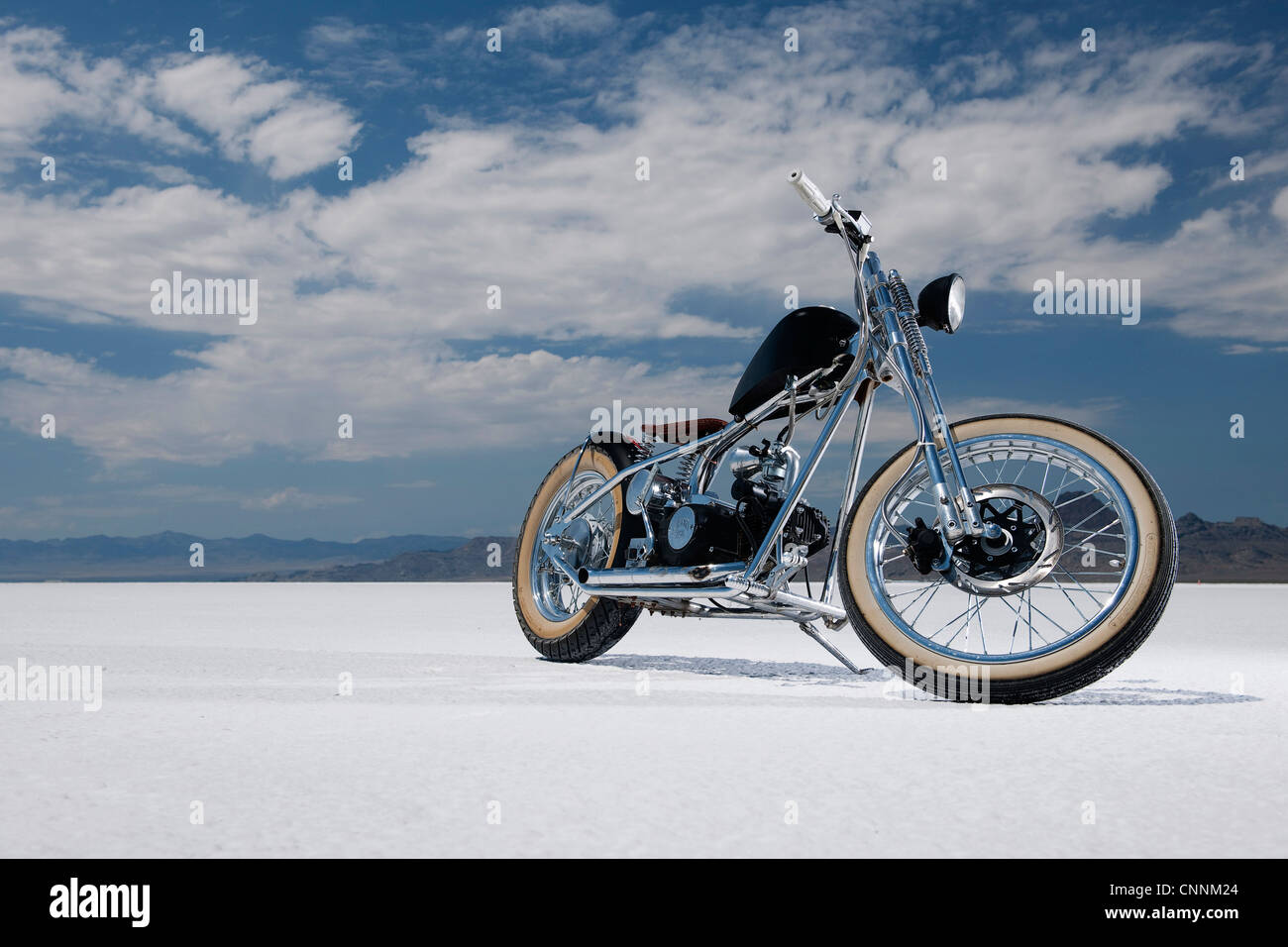 Bonneville Salt Flats bike week retro motor bike racing in USA, motor bike parked on white salt flats Stock Photo