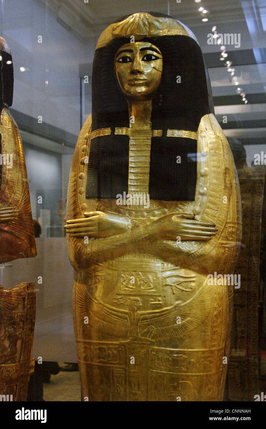 Inner wooden coffin of Henutmehyt, covered in gold leaf. From the tomb of Henutmehyt. Thebes. 19th Dynasty. Stock Photo