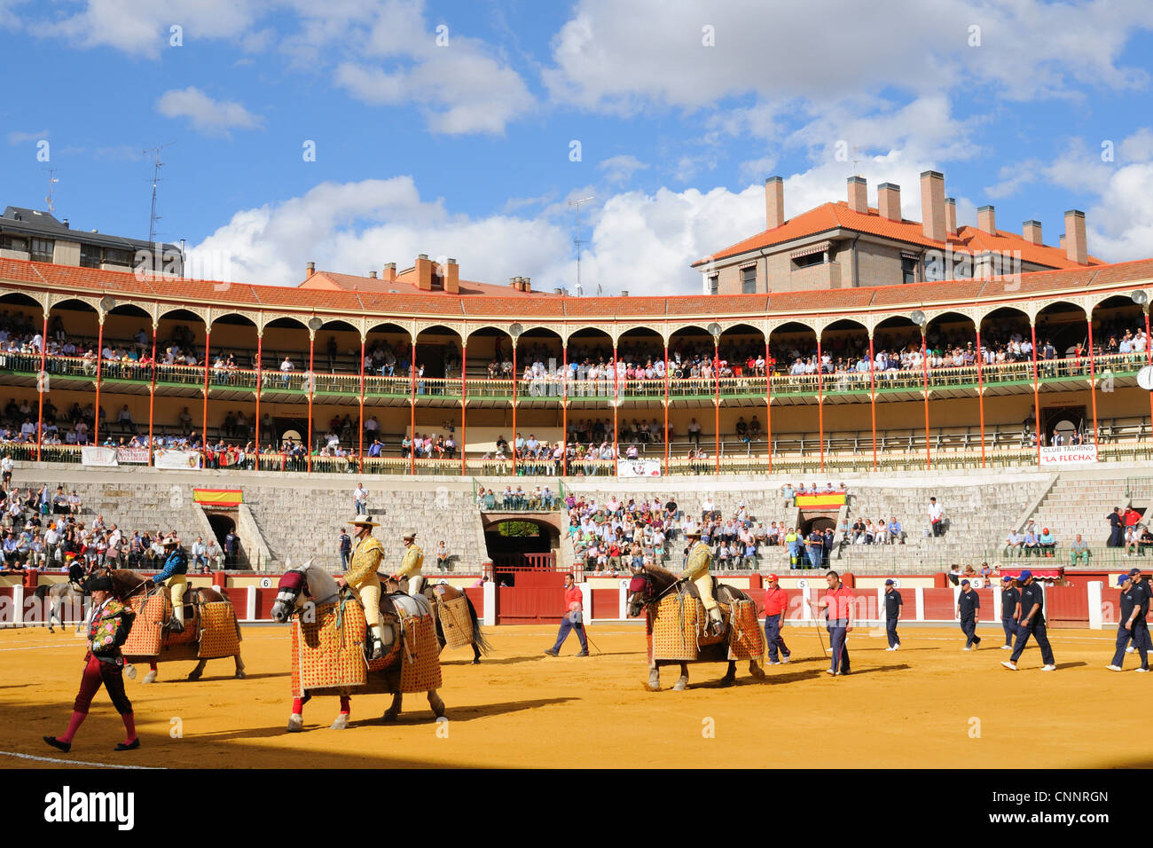 Bullfighting, Picadors parading in bullring at beginning of event, Spain, september Stock Photo