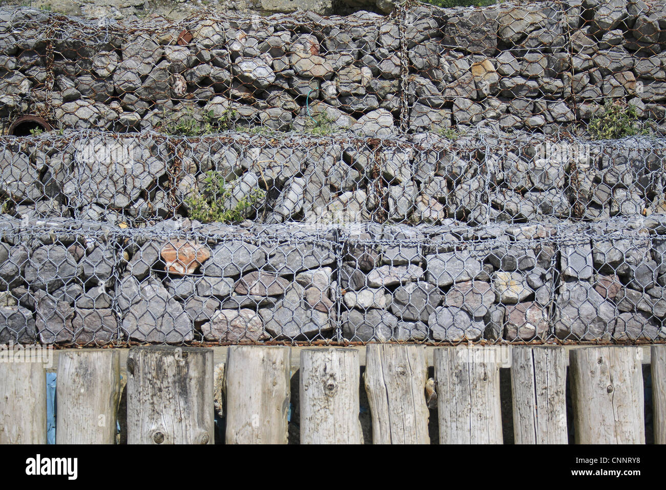 Rock filled gabions used as coastal erosion defence at base of sea