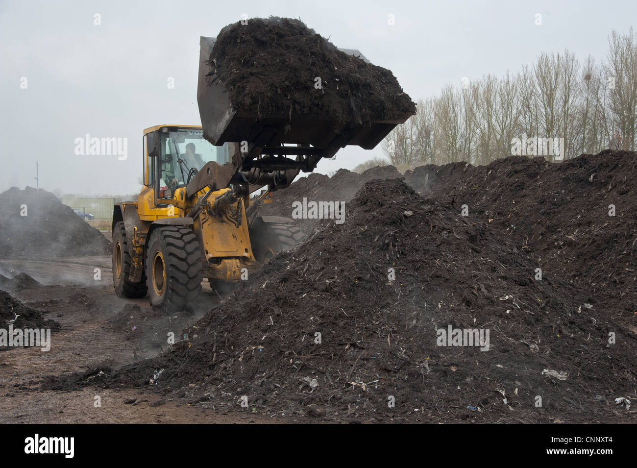 Volvo loader turning green compost waste for aeration at municipal waste site, near Chester, Cheshire, England, march Stock Photo