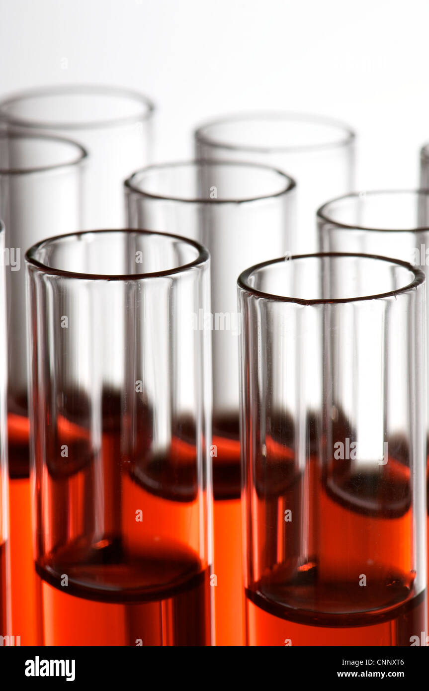 group of laboratory test tubes with red liquid inside Stock Photo - Alamy