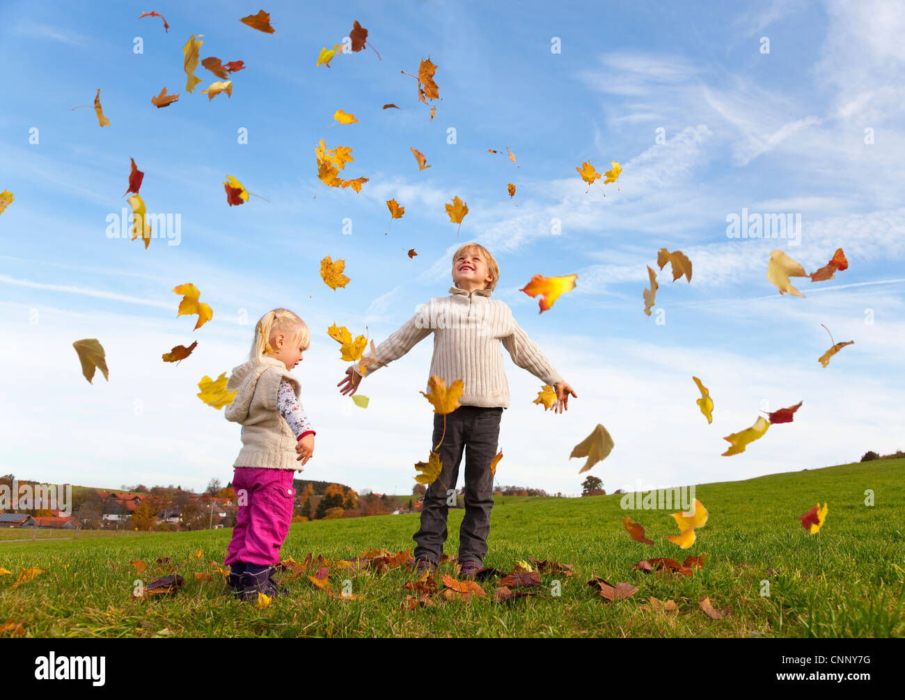 Children playing in fall leaves Stock Photo