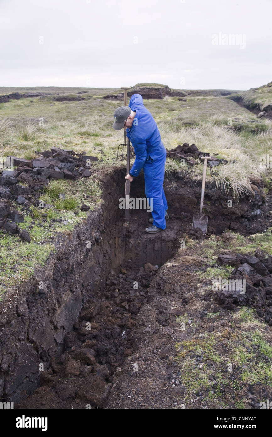 Peat cuttings, islander cutting seam through peat, Mainland, Shetland Islands, Scotland, june Stock Photo