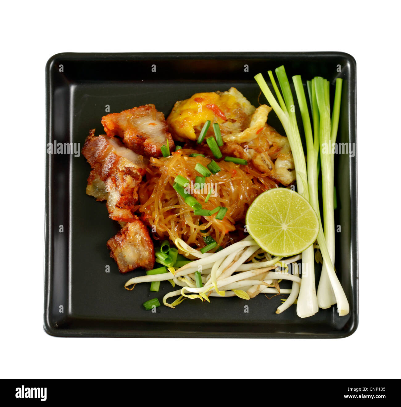 Favorite Thai cuisine , Thai food Pad thai , Stir fry noodles on black dish Stock Photo