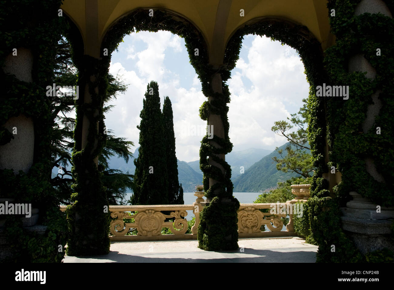 View from the loggia at Villa del Balbianello toward Comacina Island across Lake Como, Italy. Stock Photo